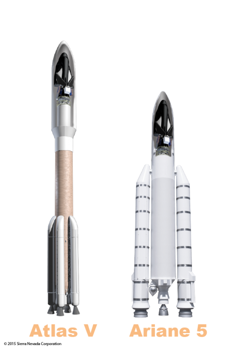 Cargo version of the SNC Dream Chaser features foldable wings and can launch inside payload fairing of either an Atlas V or Ariane V. Credit: Sierra Nevada Corporation