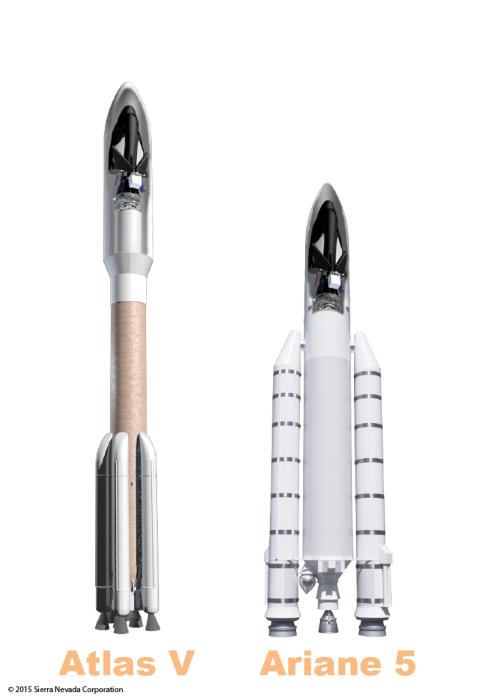 Cargo version of the SNC Dream Chaser features foldable wings and can launch inside payload fairing of either an Atlas V or Ariane V. Credit: Sierra Nevada Corporation