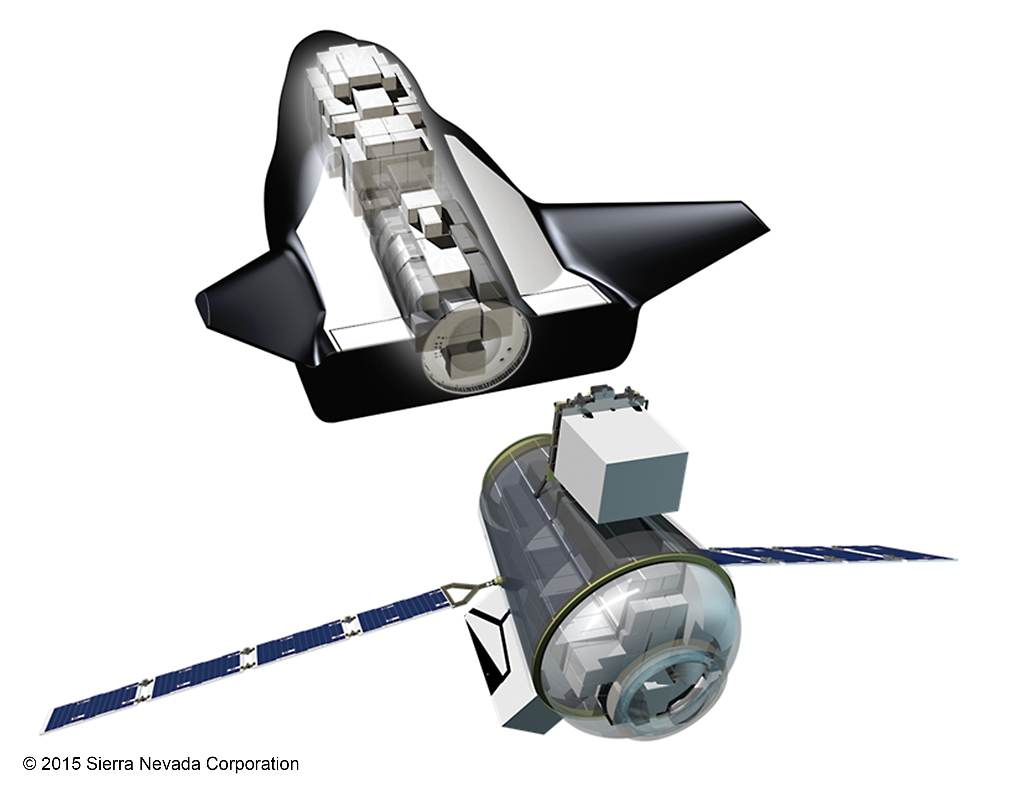 Unmanned version of SNC Dream Chaser space plan is comprised of two components, the vehicle and a cargo module with unpressurized and pressurized sections. Credit: Sierra Nevada Corporation