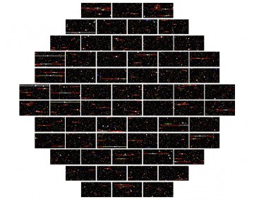 A simulation of a photo of galaxy clusters taken by DECam. A single camera image captures an area 20 times the size of the moon as seen from Earth. Credit: DES collaboration.