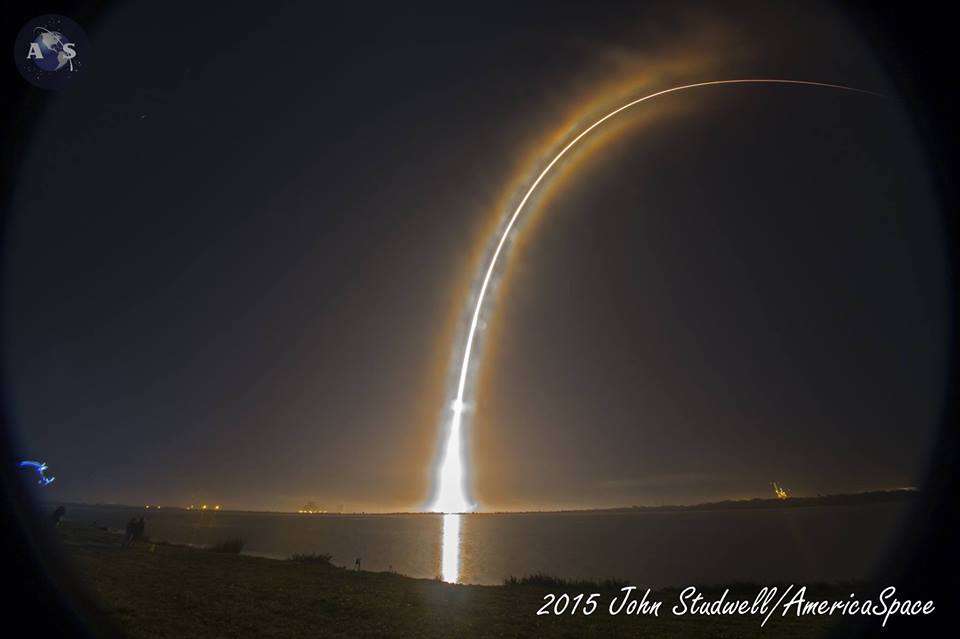 For the third time in 2015, a SpaceX Falcon 9 v1.1 streaks into the Florida sky. Sunday night's mission successfully delivered two payloads into Geostationary Transfer Orbit (GTO). Photo Credit: John Studwell/AmericaSpace