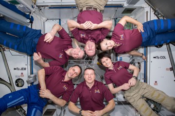 Under Wilmore's command, the Expedition 42 crew spent almost four months together in orbit. Clockwise from top are Wilmore, Yelena Serova, Samantha Cristoforetti, Terry Virts, Anton Shkaplerov and Aleksandr Samokutyayev. Photo Credit: NASA