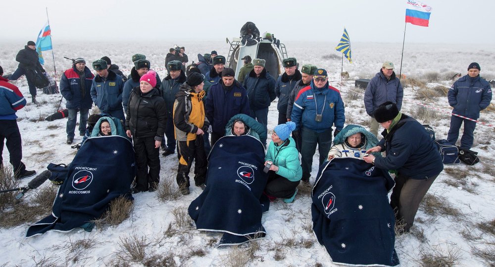 Tired but healthy and undoubtedly glad to be home, the Soyuz TMA-14M crew of (from left) Yelena Serova, Aleksandr Samokutyayev and Barry "Butch" Wilmore spent 167 days in orbit during Expedition 41/42. Photo Credit: NASA