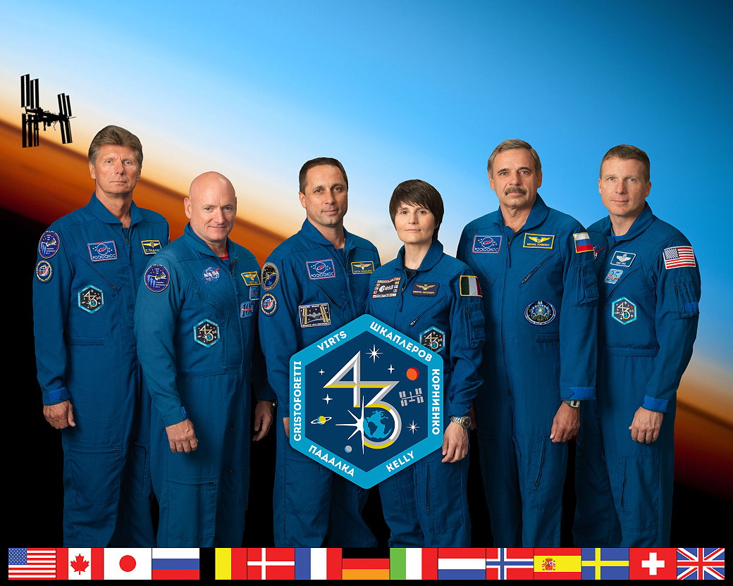 Under the command of Terry Virts (far right), Expedition 43 will continue until mid-May. From left are Gennadi Padalka, Scott Kelly, Anton Shkaplerov, Samantha Cristoforetti, Mikhail Kornienko and Virts. Photo Credit: NASA