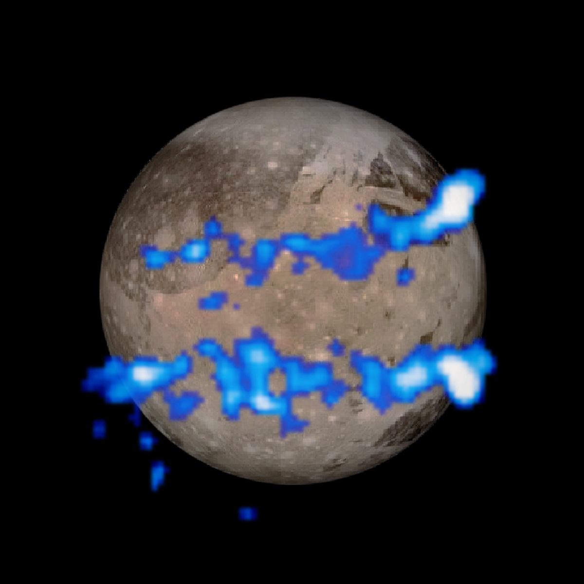 From HubbleSite: "NASA's Hubble Space Telescope observed a pair of auroral belts encircling the Jovian moon Ganymede. The belts were observed in ultraviolet light by the Space Telescope Imaging Spectrograph and are colored blue in this illustration. They are overlaid on a visible-light image of Ganymede taken by NASA's Galileo orbiter. The locations of the glowing aurorae are determined by the moon's magnetic field, and therefore provide a probe of the moon's interior, where the magnetic field is generated. The amount of rocking of the magnetic field, caused by its interaction with Jupiter's own immense magnetosphere, provides evidence that the moon has a subsurface ocean of saline water." Image Credit: NASA, ESA, and J. Saur (University of Cologne, Germany)