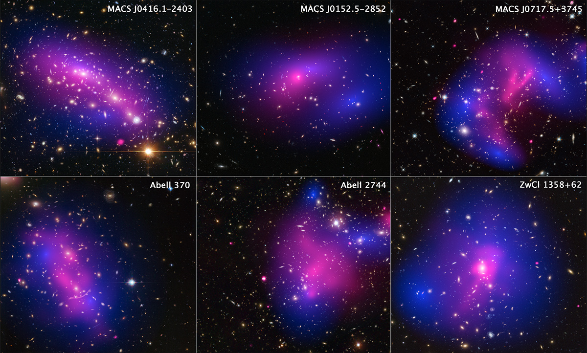 From HubbleSite: "This collage shows images of six different galaxy clusters taken with NASA's Hubble Space Telescope and Chandra X-ray Observatory. The clusters were observed in a study of how dark matter in clusters of galaxies behaves when the clusters collide. Seventy-two large cluster collisions were studied in total.  Using visible-light images from Hubble, the team was able to map the post-collision distribution of stars and also of the dark matter (colored in blue), which was traced through its gravitational lensing effects on background light. Chandra was used to see the X-ray emission from impacted gas (pink)." Image Credit: NASA, ESA, STScI, and CXC