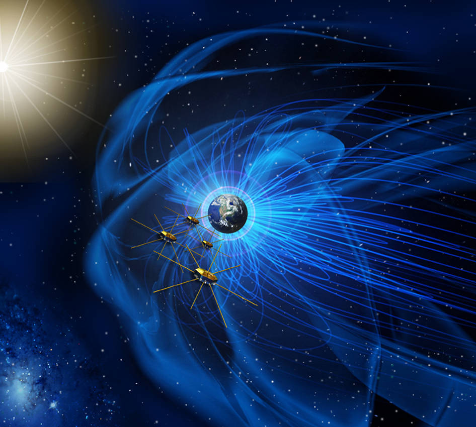 Artist concept of MMS, a mission to study how magnetic fields release energy in a process known as magnetic reconnection. MMS consists of four identical observatories that will fly in a tight formation and provide the first three-dimensional view of magnetic reconnection. Photo Credit: NASA