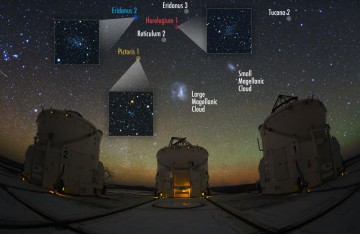The Magellanic Clouds shining above the Auxiliary Telescopes at the Paranal Observatory in the Atacama Desert in Chile. The image shows 6 of the 9 newly discovered dwarf satellites that were found with the DECam. The other three are just outside the field of view. Image Credit: V. Belokurov, S. Koposov (IoA, Cambridge). Photo: Y. Beletsky (Carnegie Observatories) 