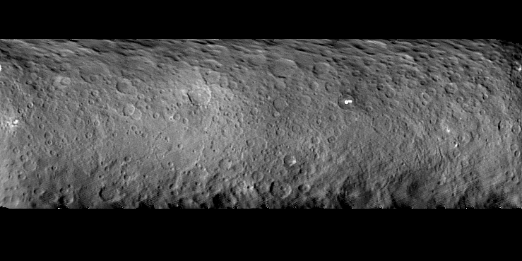 The surface of Ceres is covered with craters of many shapes and sizes, as seen in this mosaic of the dwarf planet. The mosaic is comprised of images taken by NASA's Dawn mission on Feb. 19, 2015 from a distance of nearly 29,000 miles (46,000 kilometers).  Credit: NASA/JPL-Caltech/UCLA/MPS/DLR/IDA 