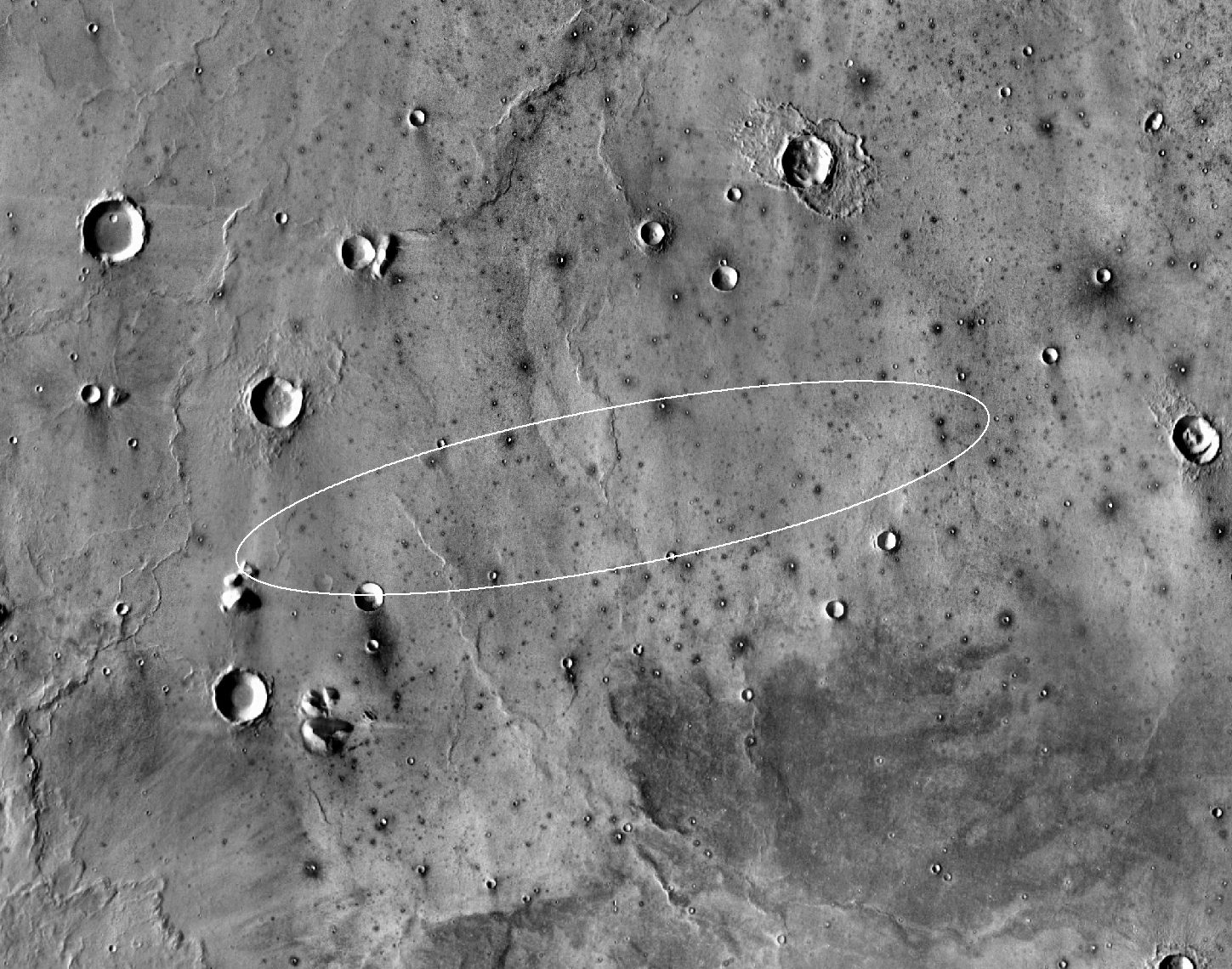 This map shows the single area under continuing evaluation as the InSight mission's Mars landing site, as of a year before the mission's May 2016 launch. The finalist ellipse marked is within the northern portion of flat-lying Elysium Planitia about four degrees north of Mars' equator.  Credit:  NASA/JPL-Caltech 