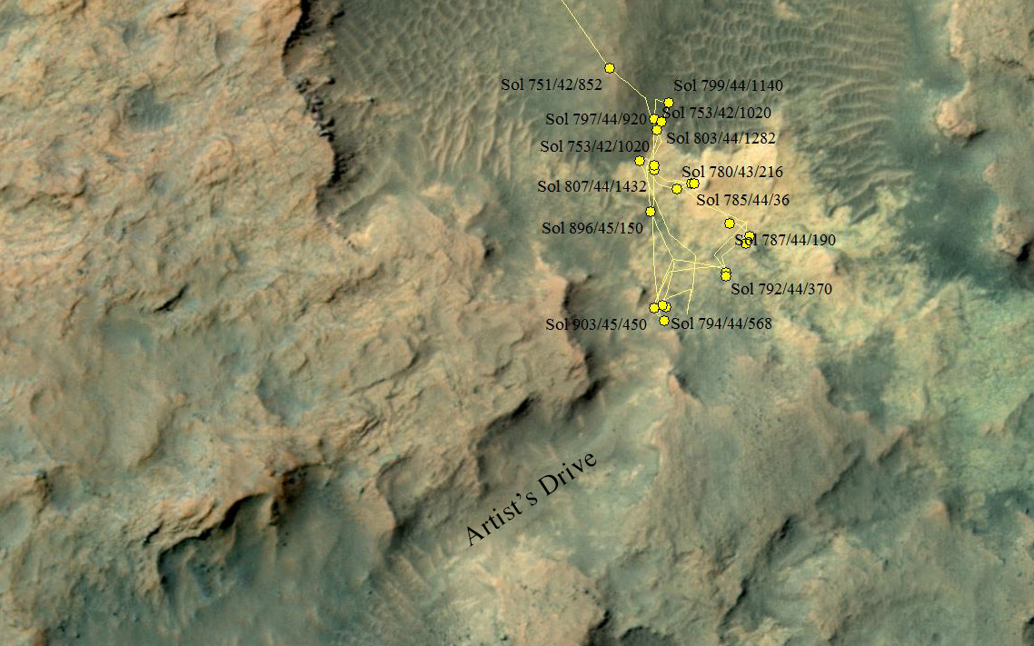 This area at the base of Mount Sharp on Mars includes a pale outcrop, called "Pahrump Hills," that NASA's Curiosity Mars rover investigated from September 2014 to March 2015, and the "Artist's Drive" route toward higher layers of the mountain.  Credit:  NASA/JPL-Caltech/Univ. of Arizona