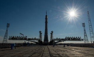 The Soyuz-FG booster, bearing the Soyuz TMA-16M spacecraft, is raised to the vertical at Site 1/5 ("Gagarin's Start") at Baikonur Cosmodrome on Wednesday, 25 March. Photo Credit: NASA