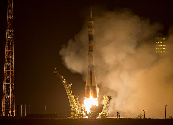 Soyuz TMA-16M roars away from Site 1/5 at the Baikonur Cosmodrome at 1:42 a.m. local time Saturday, 28 March (3:42 p.m. EDT Friday, 27 March), carrying Russian cosmonauts Gennadi Padalka and Mikhail Kornienko and U.S. astronaut Scott Kelly to the International Space Station (ISS). Photo Credit: NASA