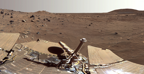 View from the Spirit rover looking toward Husband Hill on the right, with the lighter-toned Home Plate rock outcrop below that. Image Credit: NASA/JPL-Caltech