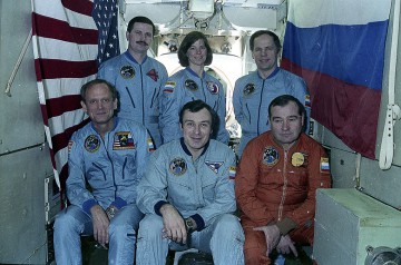 The prime and backup crews for the first U.S. long-duration mission since the Skylab era. Front row (from left) are Norm Thagard, Vladimir Dezhurov and Gennadi Strekalov. Back row (from left) are Nikolai Budarin, Bonnie Dunbar and Anatoli Solovyov. Photo Credit: NASA