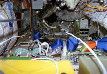 The interior of Mir's Spektr module, which served as Thagard's living quarters and research center. Photo Credit: NASA