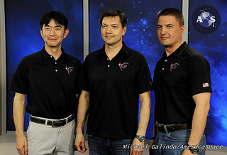 Representing Japan, Russia and the United States, the Soyuz TMA-17M crew of (from left) Kimiya Yui, Oleg Kononenko and Kjell Lindgren will spend 163 days in space from late May through early November. Photo Credit: Michael Galindo/AmericaSpace