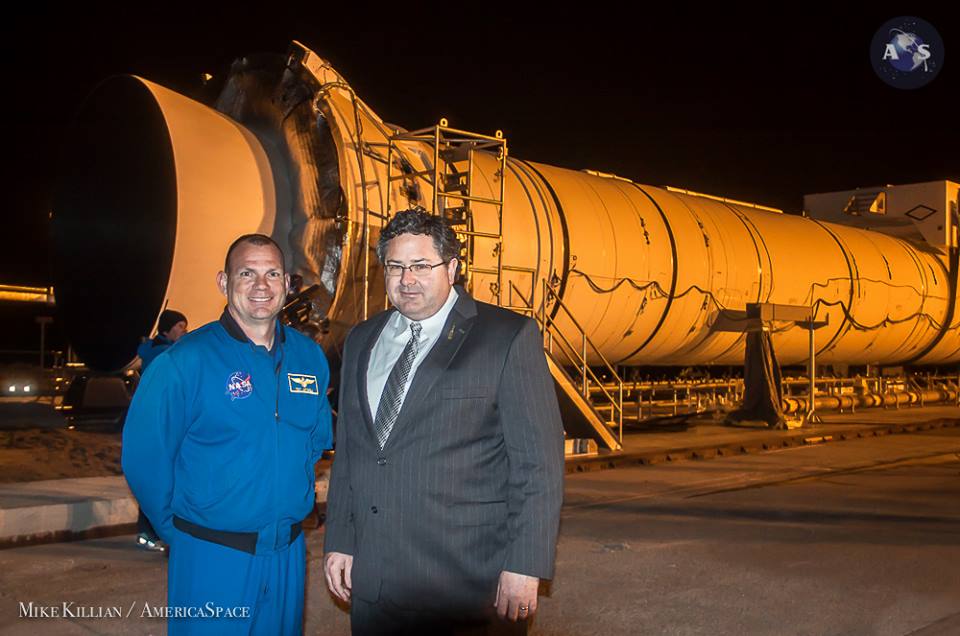 NASA astronaut Tony Antonelli and SLS Program Manager Todd May at the test stand in the hours before T-0. Photo Credit: Mike Killian / AmericaSpace