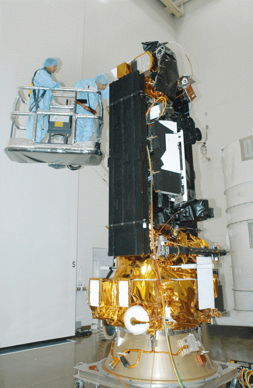 DMSP Defense Meteorological Satellite undergoes inspection prior to launch. Photo Credit: Lockheed Martin