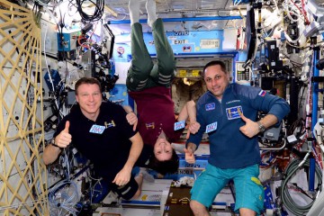 Last week, on 3 March, Soyuz TMA-15M crew members (from left) Terry Virts, Samantha Cristoforetti and Anton Shkaplerov passed their 100th day in space. They will form the "core" of Expedition 43, which will occupy the space station until mid-May. Photo Credit: NASA