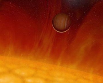 Artist's conception of exoplanet V 391 Pegasi b as it becomes engulfed by its expanding, dying red giant star. Earth faces a similar fate billions of years from now. Image Credit: HELAS, the European Helio- and Asteroseismology Network