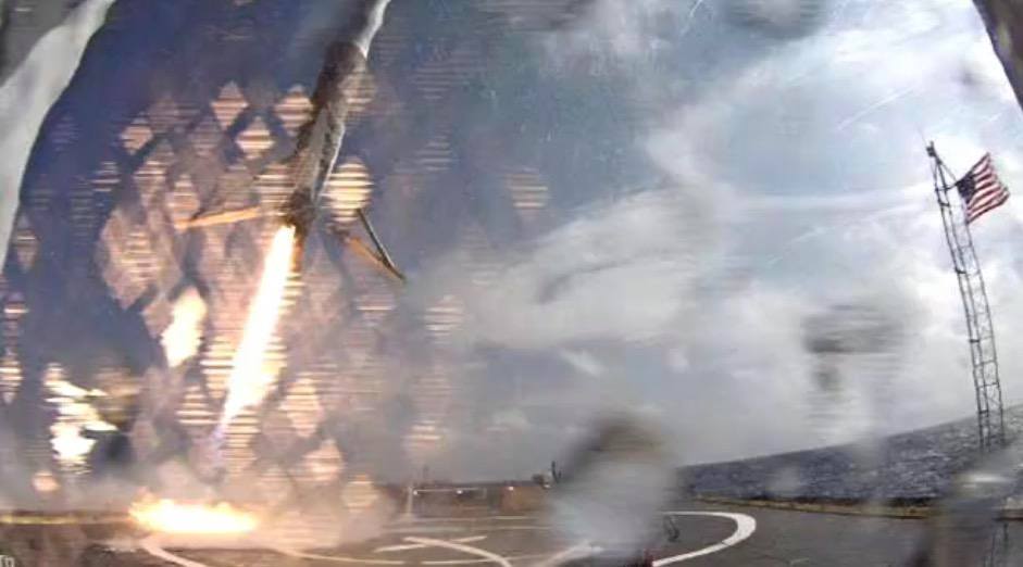 The Falcon-9 CRS-6 first stage booster just before touching down on the company's offshore "Autonomous Spaceport Drone Ship". According to SpaceX leader Elon Musk, the rocket came down with excess lateral velocity, causing it to tip over post landing. Photo Credit: SpaceX via Twitter @ElonMusk