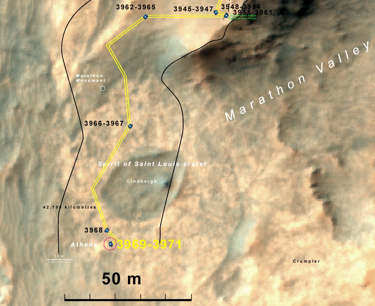 Zoom in to current location of Opportunity rover at Spirit of Saint Louis crater and Marathon Valley on Mars as of April 2015. Credit: Larry Crumpler   