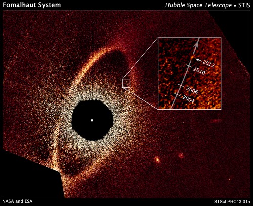 This false-color composite image, taken with the Hubble Space Telescope, reveals the orbital motion of the planet Fomalhaut b. Based on these observations, astronomers calculated that the planet is in a 2,000-year-long, highly elliptical orbit. The black circle at the center of the image blocks out the light from the bright star, allowing reflected light from both the planet and the surrounding circumstellar disk to be photographed. Image Credit: NASA, ESA, and P. Kalas (University of California, Berkeley and SETI Institute) 