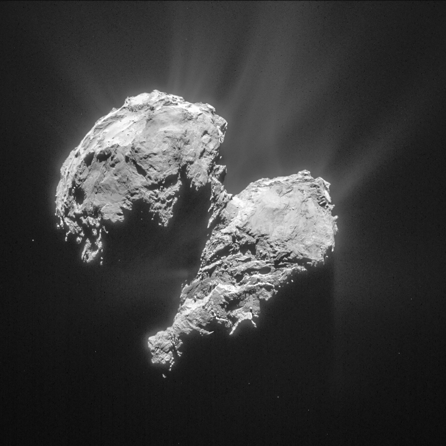 This single frame Rosetta navigation camera image was taken from a distance of 77.8 km from the centre of Comet 67P/Churyumov-Gerasimenko on 22 March 2015. The image has a resolution of 6.6 m/pixel and measures 6 x 6 km. The image is cropped, and processed to bring out the details of the comet's activity.  Credit: ESA/Rosetta/NAVCAM – CC BY-SA IGO 3.0 
