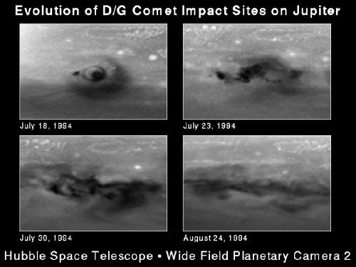 The evolution of two impact sites from Shoemaker-Levy 9 on Jupiter's cloud tops. Image Credit: H. Hammel, MIT and NASA/ESA