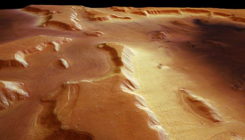 Image of dust-covered glaciers on Mars from the High Resolution Stereo Camera on Mars Express. The glaciers are composed of water ice. Image Credit: ESA/DLR/FU Berlin