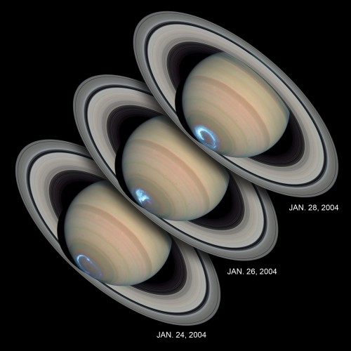 A series of Hubble photographs of the aurora dancing in the Saturnian sky, while the space telescope was viewing the planet's southern polar region for several days. Image Credit: NASA, ESA, J. Clarke (Boston University, USA), and Z. Levay (STScI)