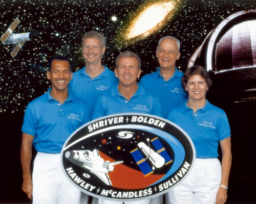 The STS-31 crew, responsible for deploying HST in 1990. From top left: Steven A. Hawley and Bruce McCandless. From bottom left: Charles Bolden, Loren Shriver, and Kathryn Sullivan. Photo Credit: NASA