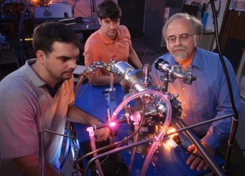 Scientists Michel Nuevo, Christopher Materese and Scott Sandford (left to right) at NASA's Ames Research Center, have managed to reproduce uracil, cytosine, and thymine (three of the nucleobases that are found in DNA and RNA) in a vacuum chamber under simulated outer space conditions. Image Credit: NASA/ Dominic Hart