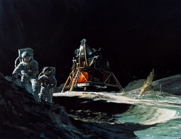 Artist's concept of Apollo 13 astronauts Jim Lovell and Fred Haise exploring Fra Mauro. The Lunar Module (LM) Aquarius is visible in the background. Their lost surface explorations subsequently passed to Apollo 14 crewmen Al Shepard and Ed Mitchell. Image Credit: Teledyne Brown