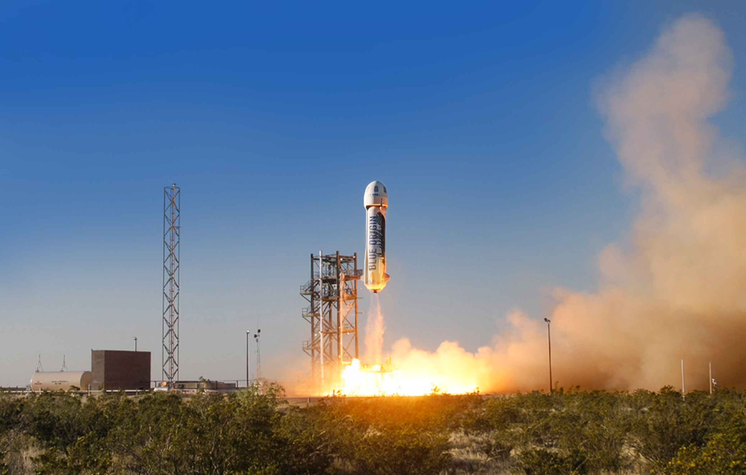 The New Shepard space vehicle blasts off on its first developmental test flight over Blue Origin’s West Texas Launch Site. The crew capsule reached apogee at 307,000 feet before beginning its descent back to Earth.  Credit: Blue Origin