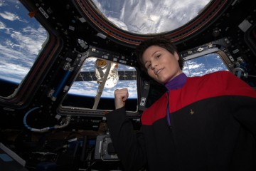 Paraphrasing Capt. Kathryn Janeway, Samantha Cristoforetti notes that "There's coffee in that nebula...ehm, I mean...in that Dragon". Photo Credit: NASA