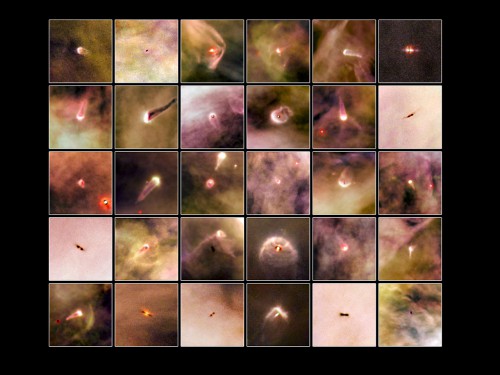 An atlas of 30 proplyds, or protoplanetary discs in the Orion Nebula, which signal the birth of new stars (and possibly even planetary systems). The population of compact radio sources that have been recently discovered close to the supermassive black hole at the heart of the Milky Way, are thought to be of the same nature. Image Credit: NASA/ESA and L. Ricci (ESO)