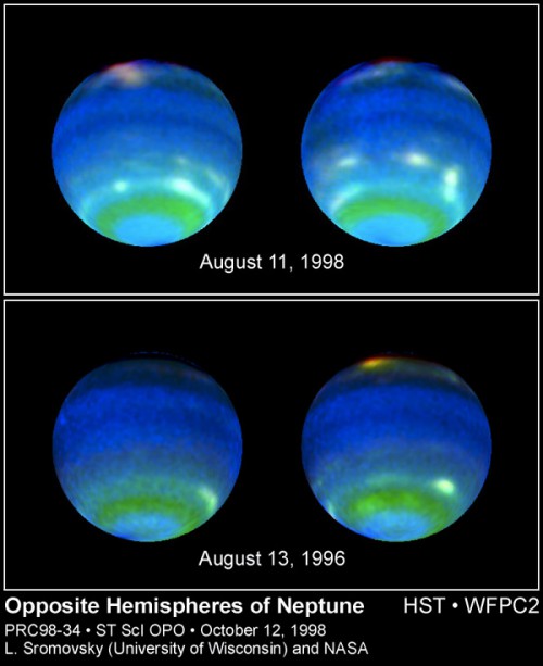 A series of images of Neptune, which illustrate the dynamic weather features that dominate the planet. Image Credit: Lawrence A. Sromovsky (University of Wisconsin-Madison) and NASA