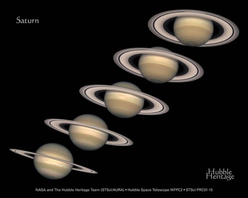 A montage of Hubble Space Telescope images captured from 1996 to 2000, showing Saturn's rings open up from just past edge-on to nearly fully open as the planet moves from autumn towards winter in its northern hemisphere. Image Credit: NASA/ESA and The Hubble Heritage Team (STScI/AURA)
