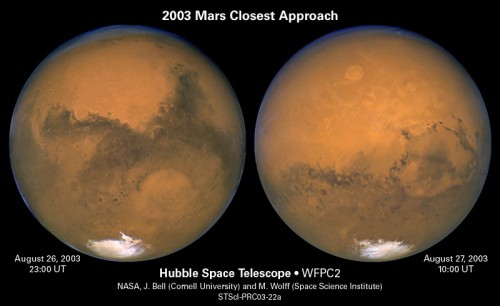 Mars seen in all its glory in this image by the Hubble space telescope, during the Red Planet's closest approach to Earth in 2003. Image Credit: NASA/J. Bell(Cornell University) and M. Wolff (Space Science Institute)