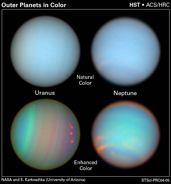A series of images of Uranus and Neptune that were taken with the Hubble Space Telescope. The top row reveals the ice giant planets in natural colors, showing the planets as they would appear if we could see them through a telescope. The images at the bottom were taken with certain types of different color filters, showcasing that both planets have very different weather patterns and overall atmospheric structures. Image Credit: NASA and Erich Karkoschka, University of Arizona