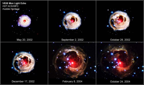 This collage shows a time sequence of Hubble Space Telescope images of the light echo around the exploding red variable star V838 Monocerotis, located at a distance of 20,000 light-years away. The apparent expansion of the light echo, as light from the star's outburst propagates outward into the surrounding interstellar dust, is clearly shown. All of the images are shown at the same scale. Image Credit: NASA, ESA, and Z. Levay (STScI)
