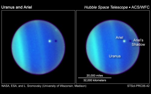 An image from Hubble showing a never-before-seen transit of one of Uranus' moons (in this case the 700-mile-wide moon Ariel) across the face of the planet. Image Credit: NASA, ESA, L. Sromovsky (University of Wisconsin, Madison), H. Hammel (Space Science Institute), and K. Rages (SETI)