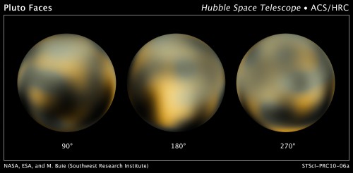 This is the most detailed view to date of the entire surface of Pluto, as constructed from multiple Hubble Space Telescope images taken between 2002 and 2003. Image Credit: NASA, ESA, and M. Buie (Southwest Research Institute)