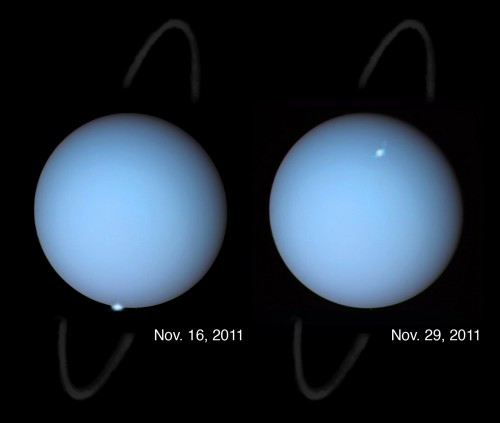 A set of composite images of Uranus, showcasing the planet's bright, short-lived auroras. The auroras were imaged in visible and ultraviolet light by the Hubble Space Telescope at the time of heightened solar activity in November 2011, while the images of the planet itself were taken by the Voyager 2 spacecraft in January 1986. The planet's faint ring system was imaged by the ground-based Gemini Observatory in 2011. Image Credit: NASA, ESA, and L. Lamy (Observatory of Paris, CNRS, CNES)