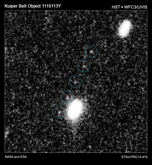 A series of images of Kuiper Belt Object named 1110113Y or "PT1", which was discovered by the Hubble Space Telescope in 2014. The object, which is no bigger than 19 to 28 miles across, was found to lie within the New Horizons spacecraft's path and could be reached by the spacecraft a few years after the latter's fly by with Pluto. Image Credit: NASA, ESA, SwRI, JHU/APL, and the New Horizons KBO Search Team