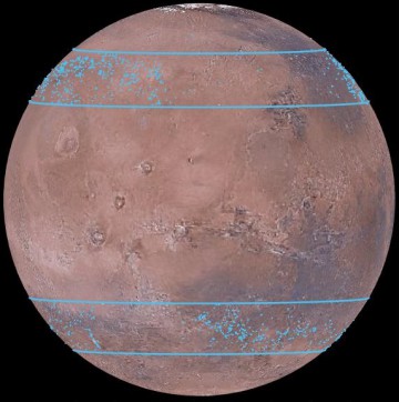 Mars globe showing locations of some of the buried glaciers in the central latitudes of the northern and southern hemispheres. Image Credit: Mars Digital Image Model, NASA/Nanna Karlsson