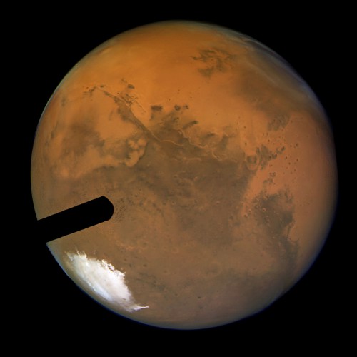 The sharpest photo ever taken of Mars by the Hubble Space Telescope, during the Red Planet's closest approach to Earth in 2003. Image Credit: NASA/ESA, J. Bell (Cornell U.), and M. Wolff (Space Science Inst.) Additional image processing and analysis support from: K. Noll and A. Lubenow (STScI); M. Hubbard (Cornell U.); R. Morris (NASA/JSC); P. James (U. Toledo); S. Lee (U. Colorado); T. Clancy, B. Whitney and G. Videen (SSI); and Y. Shkuratov (Kharkov U.)