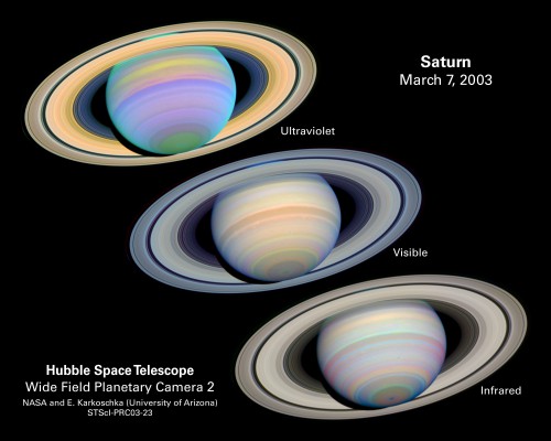 A series of Hubble images of Saturn, as seen at many different wavelengths, when the planet's rings were at a maximum tilt of 27 degrees toward Earth. Image Credit: NASA/ESA and E. Karkoschka (University of Arizona)